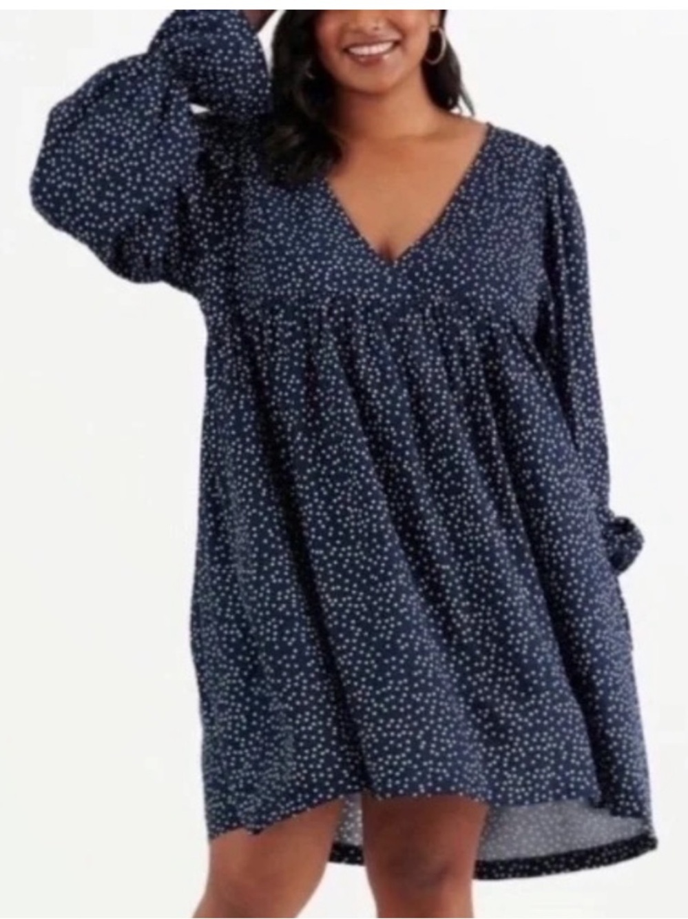 Emma Host Pick Knudsen Navy Polka Dot V-Neck Long Sleeve Babydoll Mini Dress
